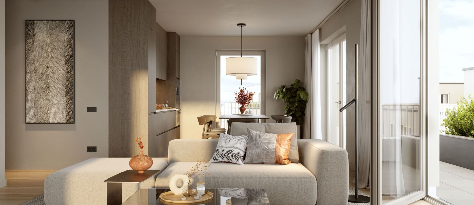 Visualisierung eines Wohnzimmers mit Terrasse