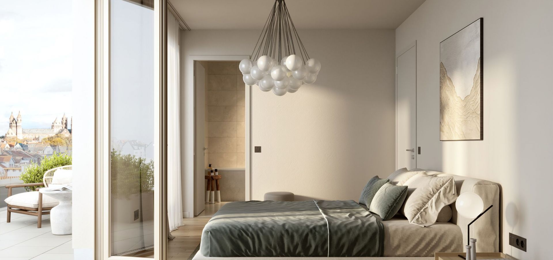 Visualisierung eines Schlafzimmers mit geöffneter Balkontür
