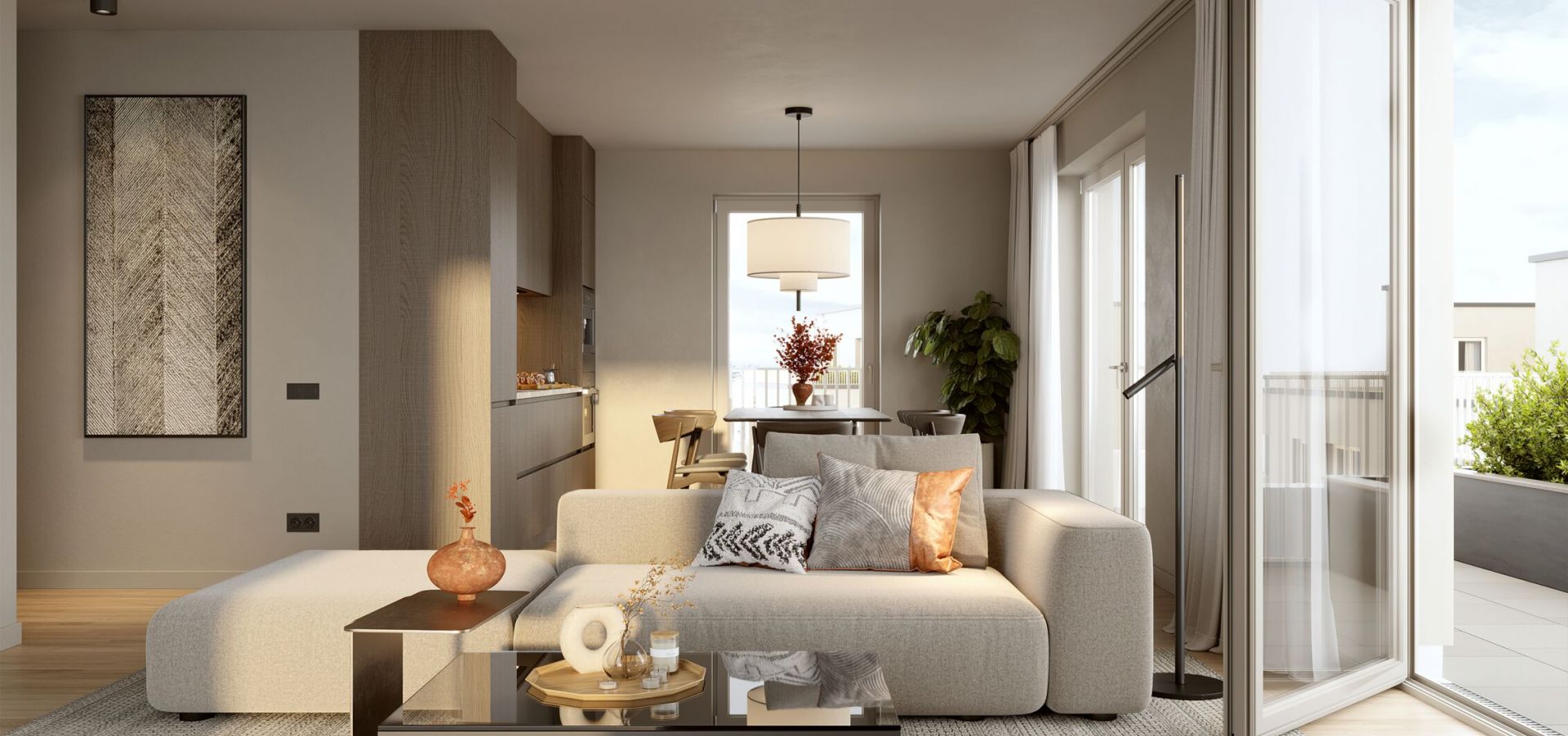 Visualisierung eines Wohnzimmers mit Terrasse